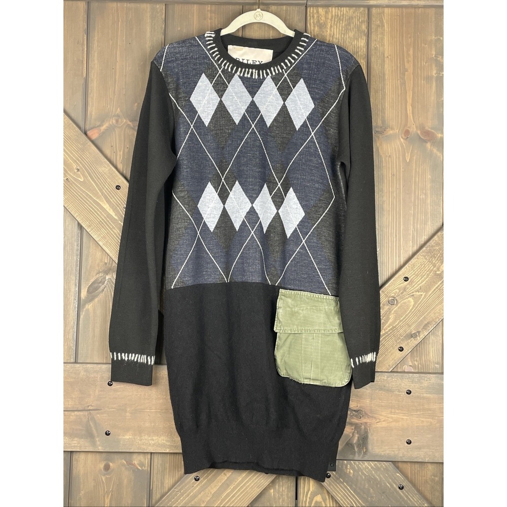 Riley 100% Cashmere Sweater Dress Argyle Pattern Color Block Black Blue Gray M